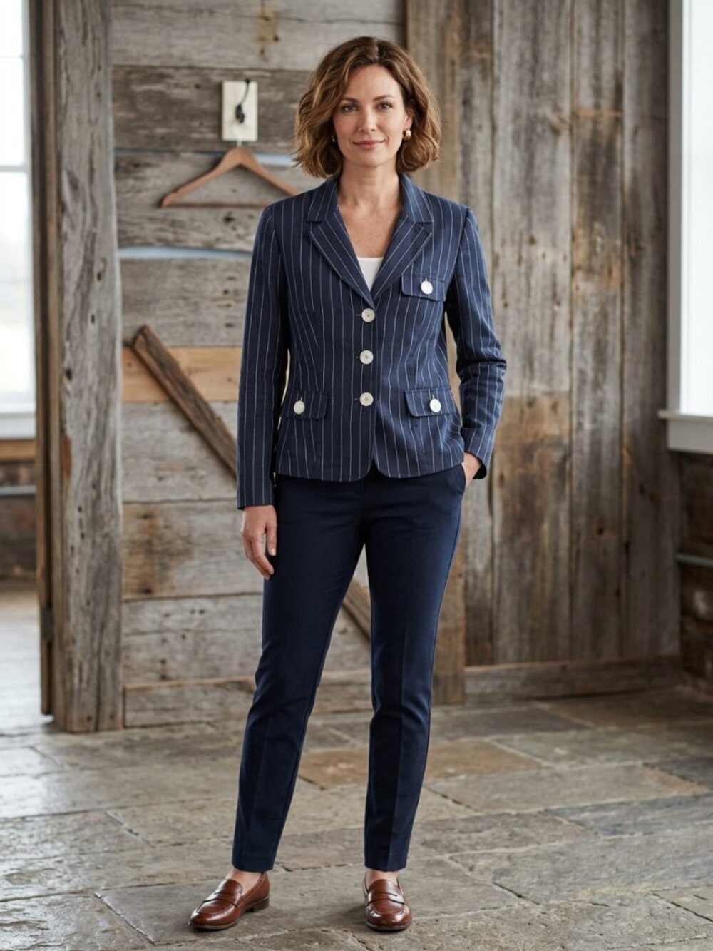 Julie Mitchell Size Large Navy/White Pinstripe Blazer